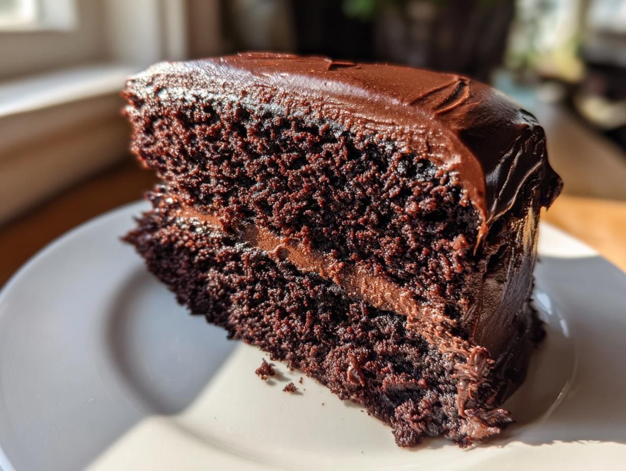 Close-up of a perfect slice of moist chocolate cake layered with dark chocolate frosting.
