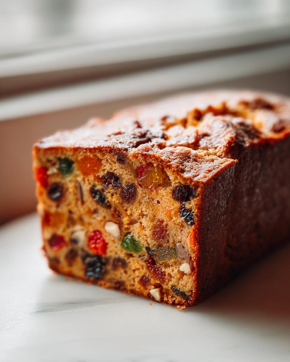 Close-up of a moist fruit cake recipe loaf, packed with colorful candied fruits and raisins.