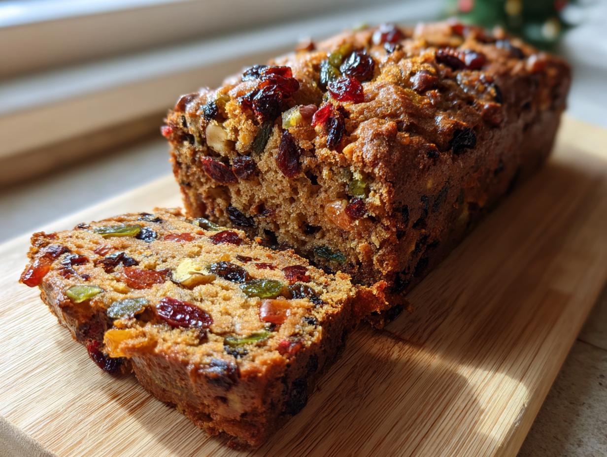 A moist fruit cake recipe loaf, with one slice cut and resting against the main body on a wooden board.