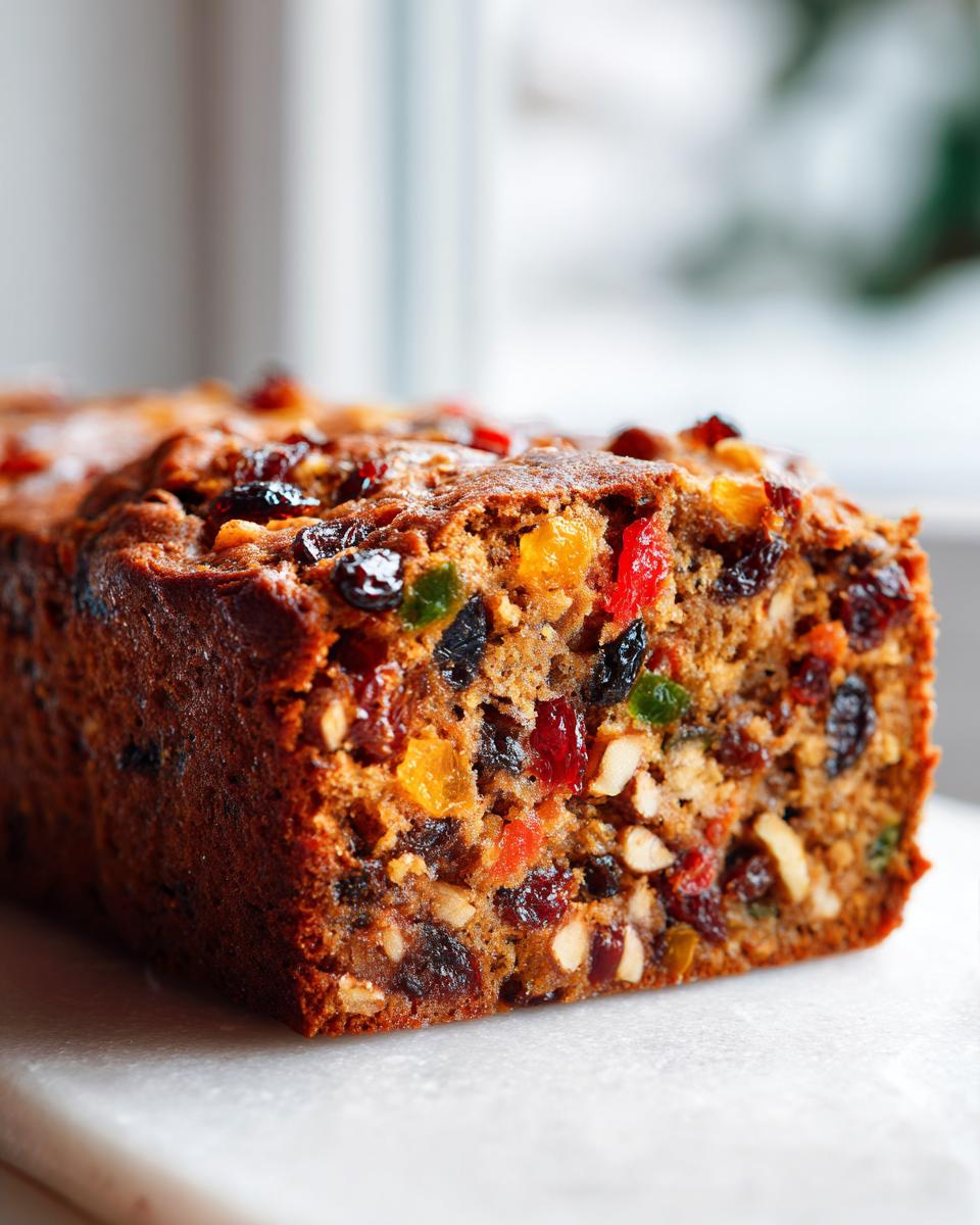 Close-up cross-section of a moist fruit cake recipe loaf packed with colorful dried fruits and nuts.