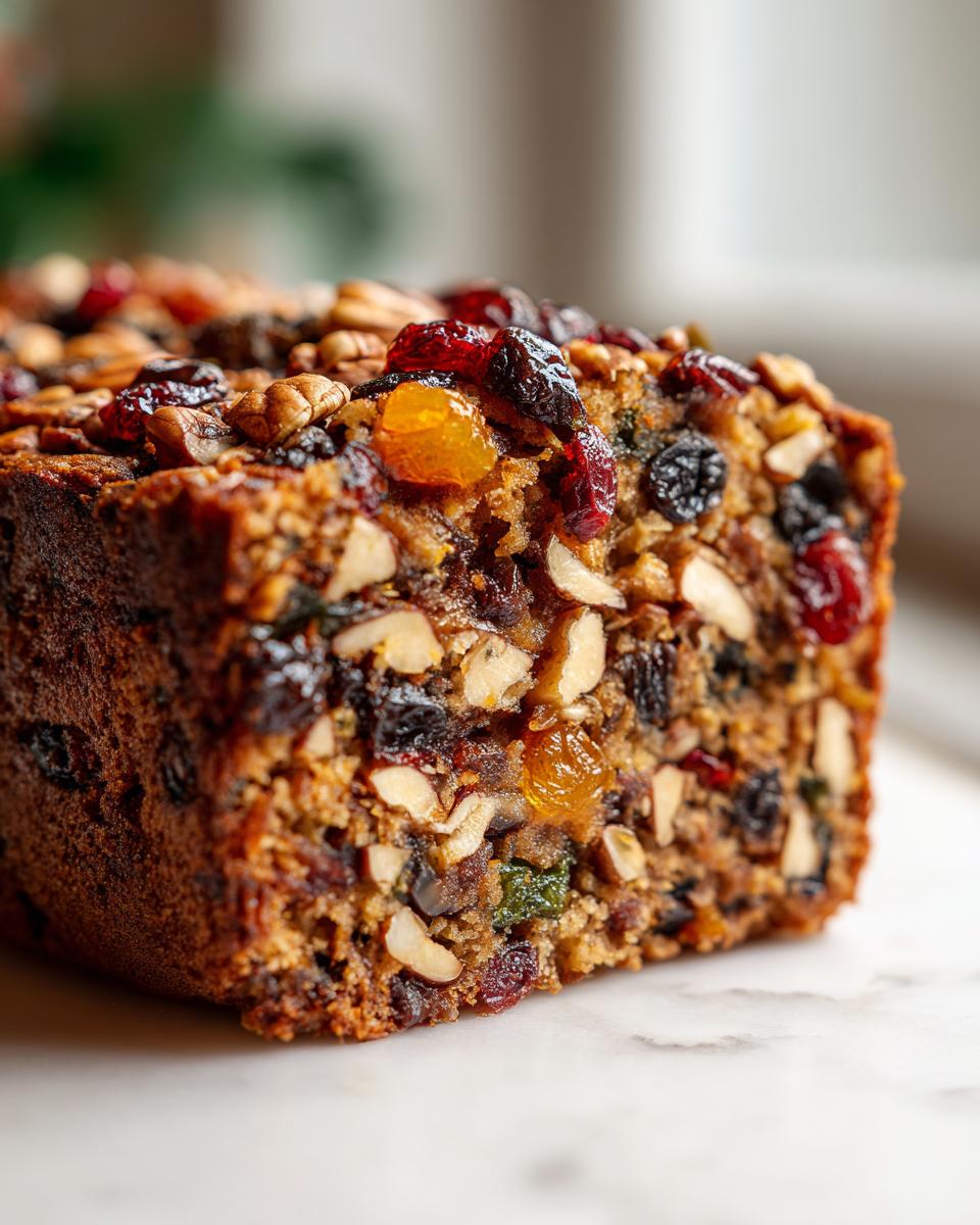 Close-up of a rich, moist fruit cake recipe loaf packed with dried fruits and nuts.