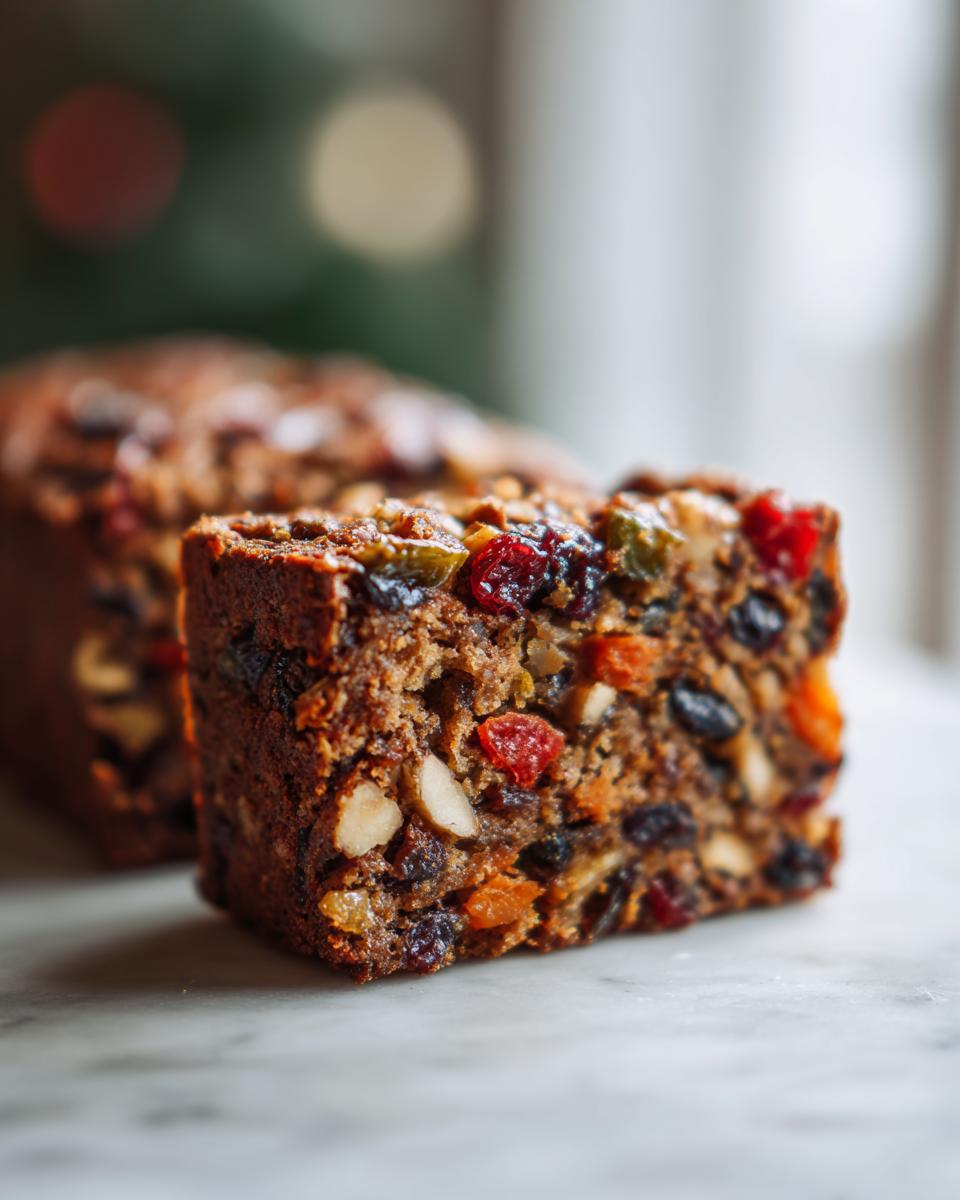 Close-up of a moist slice from a fruit cake recipe packed with colorful dried fruits and nuts.