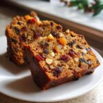 Two thick slices of moist fruit cake recipe loaded with dried fruits and nuts on a white plate.