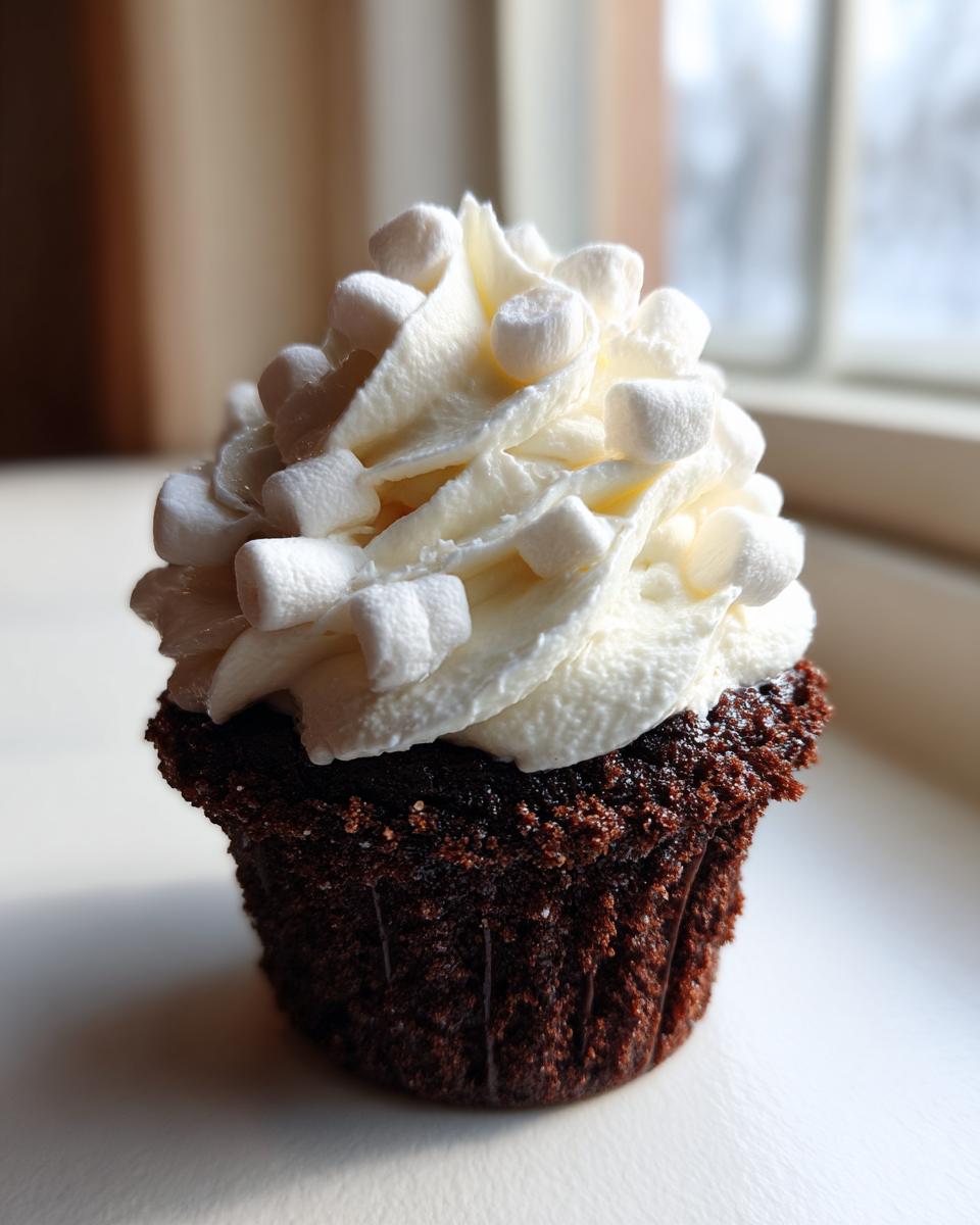 A close-up of a rich, dark chocolate hot chocolate cupcake topped with white frosting and mini marshmallows.