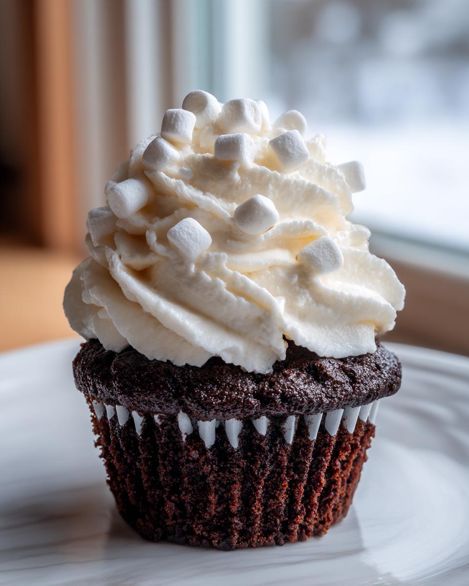 A rich, dark chocolate cupcake topped with whipped cream and mini marshmallows, representing delicious hot chocolate cupcakes.