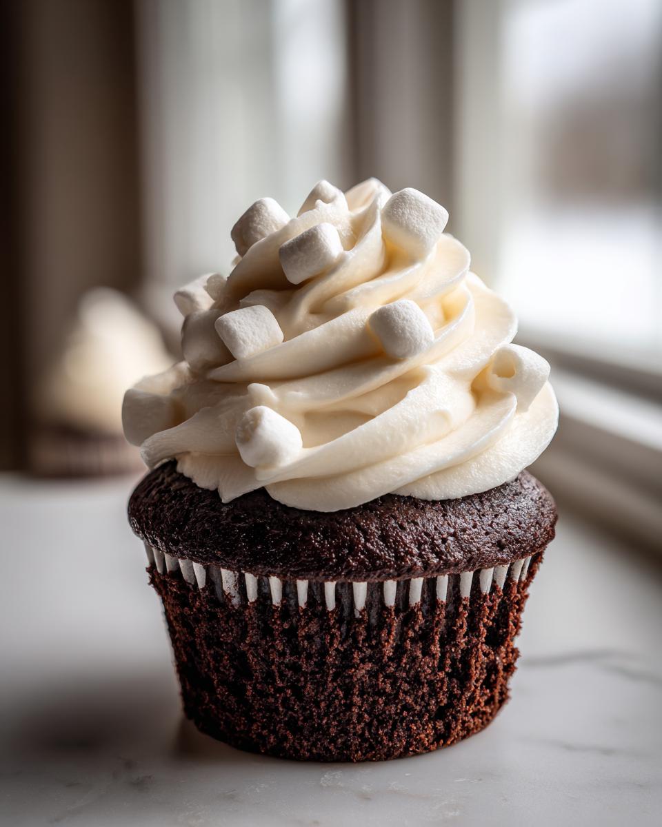 A close-up of a rich, dark chocolate hot chocolate cupcake topped with swirled vanilla frosting and mini marshmallows.