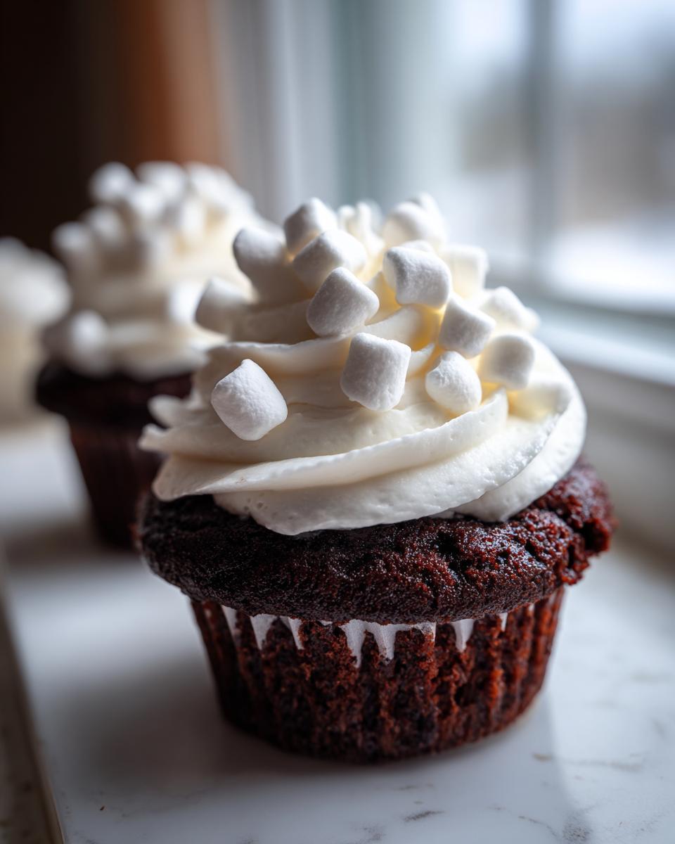 Close-up of a rich, dark chocolate hot chocolate cupcake topped with white frosting and mini marshmallows.