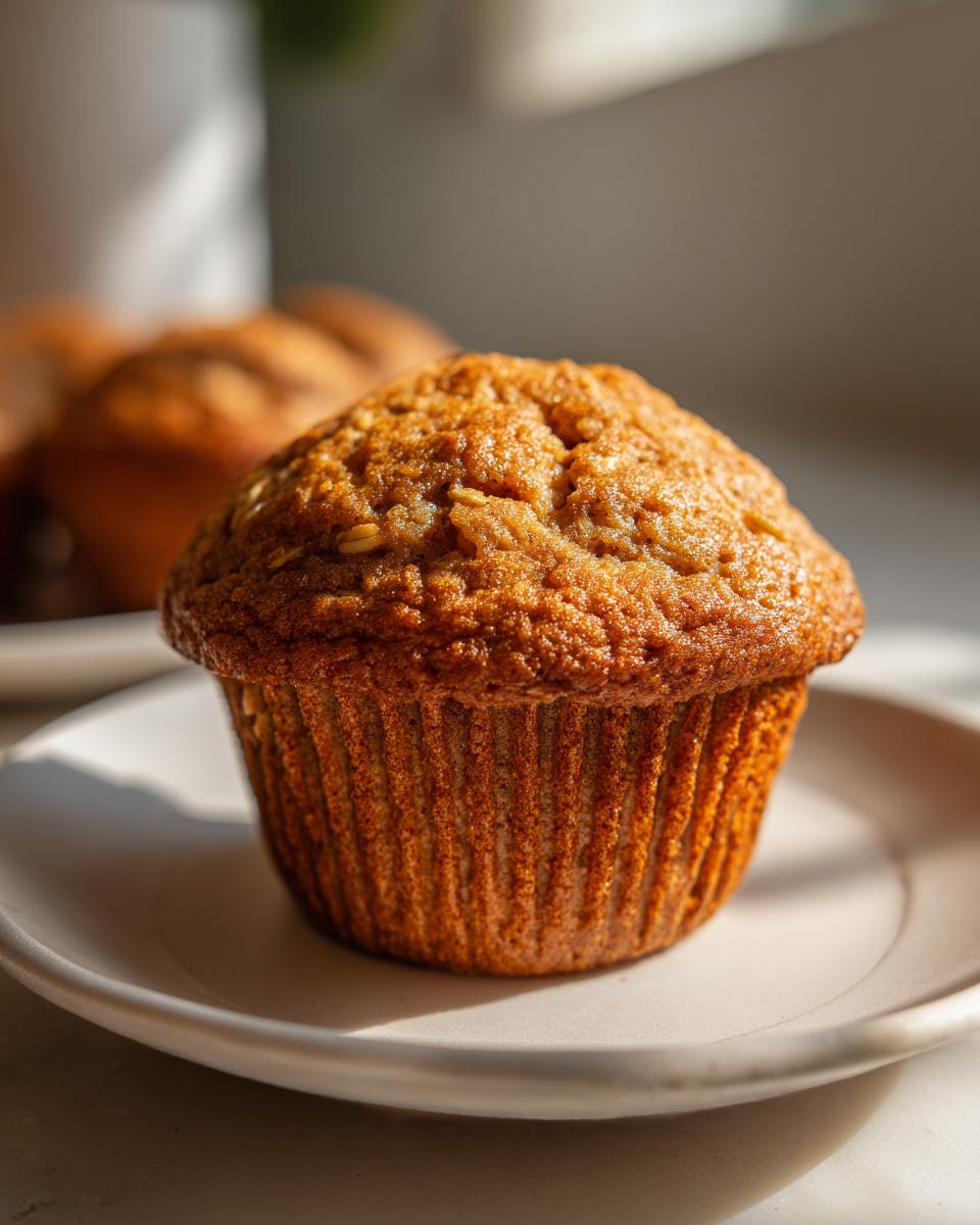 A single, perfectly baked, golden brown oatmeal muffin sitting on a small white plate, highlighted by natural sunlight.
