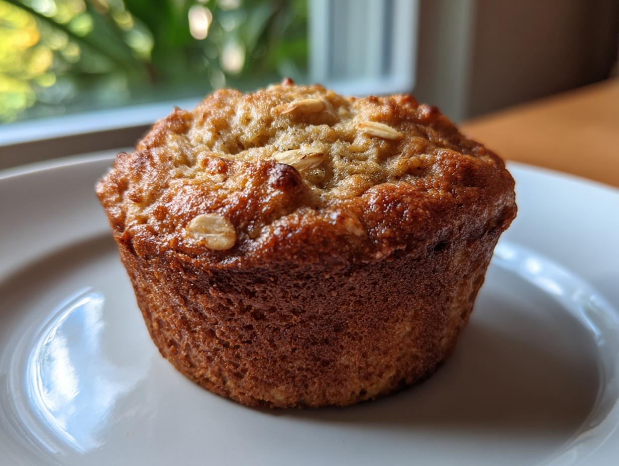 A single, perfectly baked, moist oatmeal muffin with a golden-brown crust sitting on a white plate.
