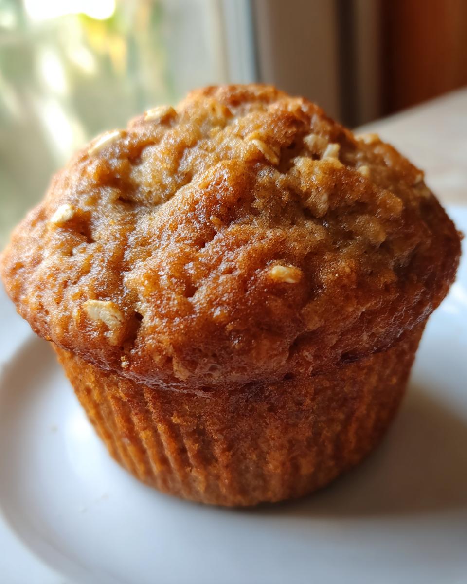 Close-up of a perfectly baked, golden brown oatmeal muffins with visible oat flakes on top.