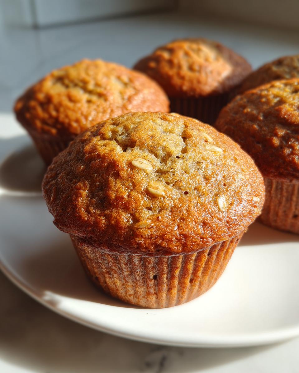 Close-up of several golden brown oatmeal muffins sitting on a white plate, highlighted by natural light.