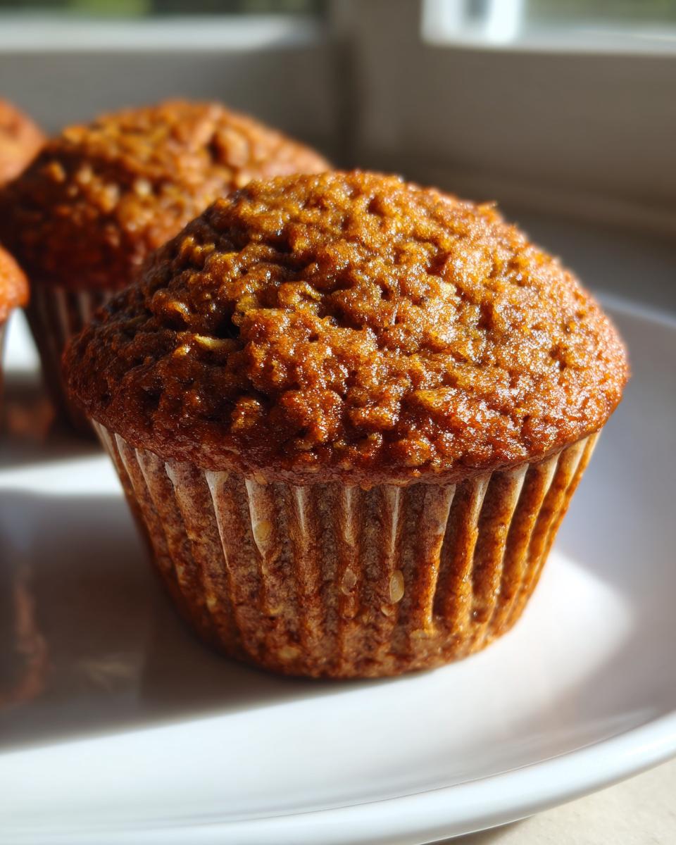 A close-up shot of a moist, brown oatmeal muffin sitting on a white plate, catching sunlight.