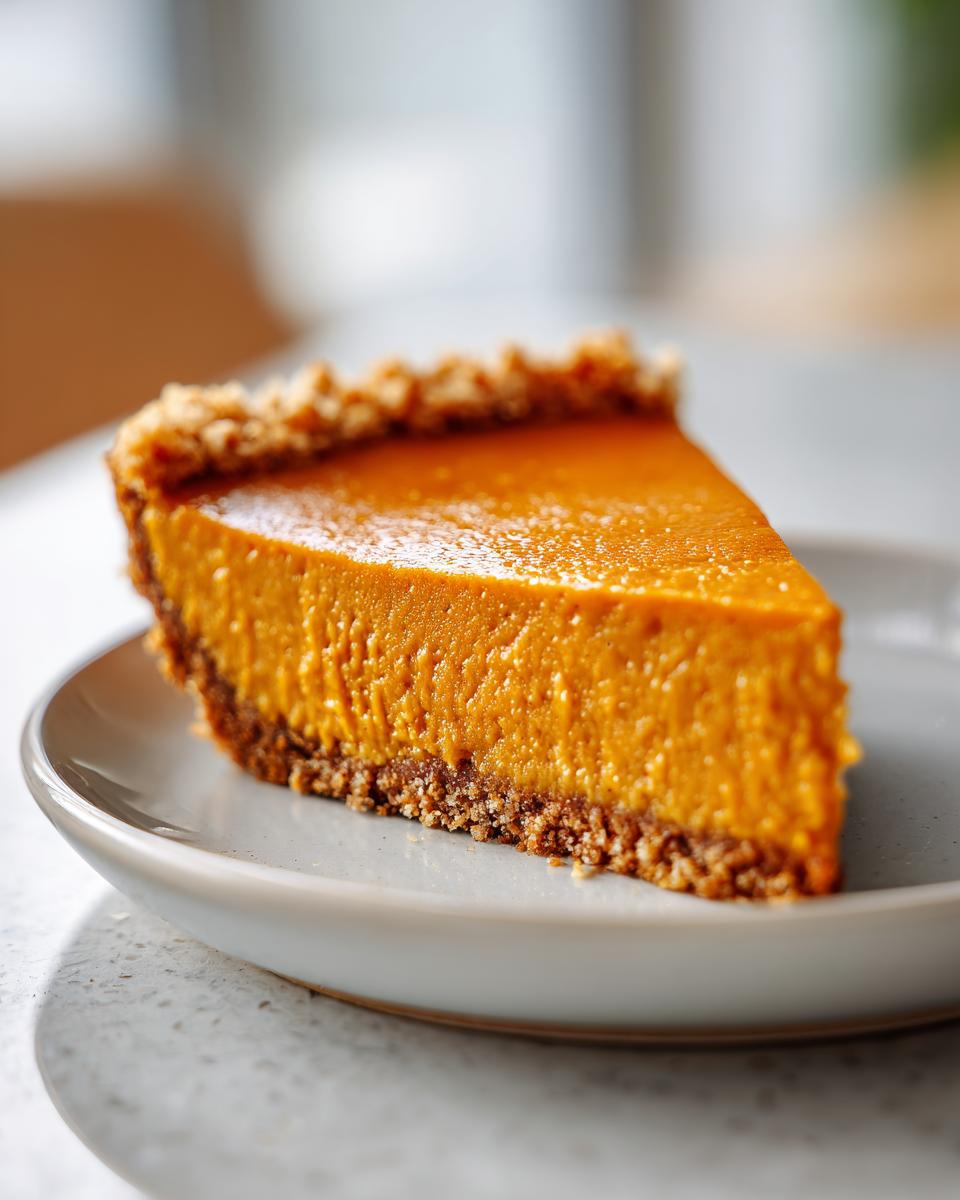 A close-up of a thick slice of vibrant orange no bake pumpkin pie with a textured crumb crust, served on a light gray plate.
