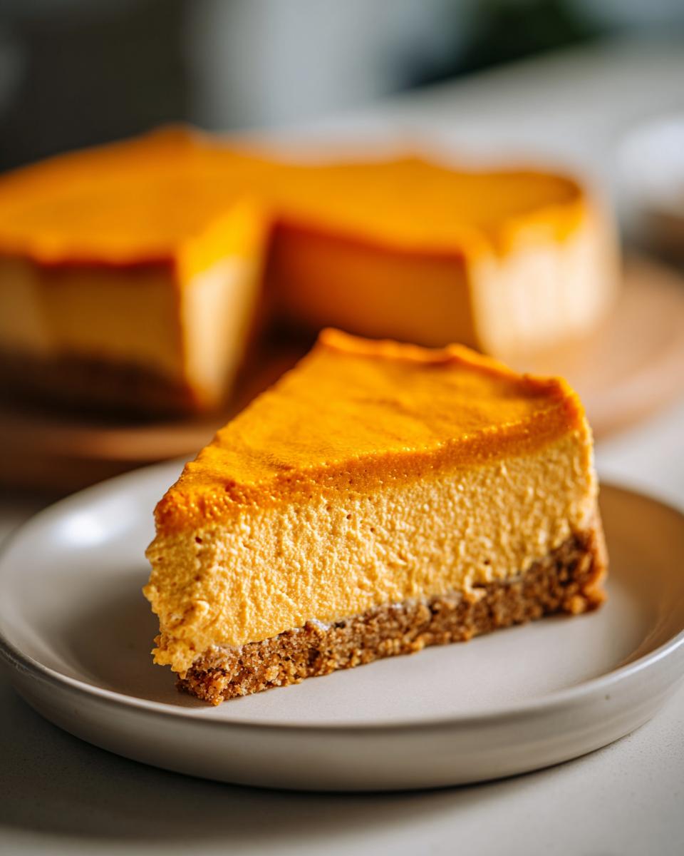 A close-up of a thick slice of creamy no bake pumpkin pie with a graham cracker crust on a light plate.