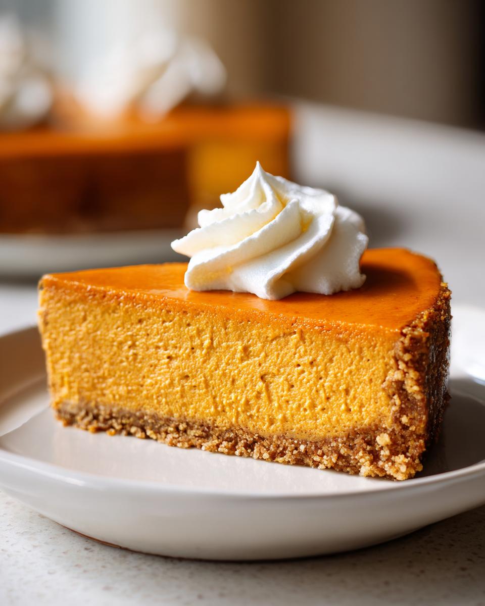A close-up of a rich slice of no bake pumpkin pie featuring a thick orange filling and graham cracker crust, topped with whipped cream.