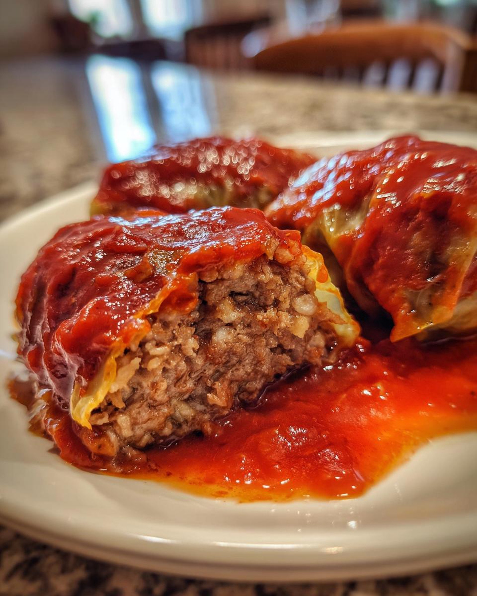 Close-up of delicious cabbage rolls cut open to show the meat and rice filling, covered in rich tomato sauce.