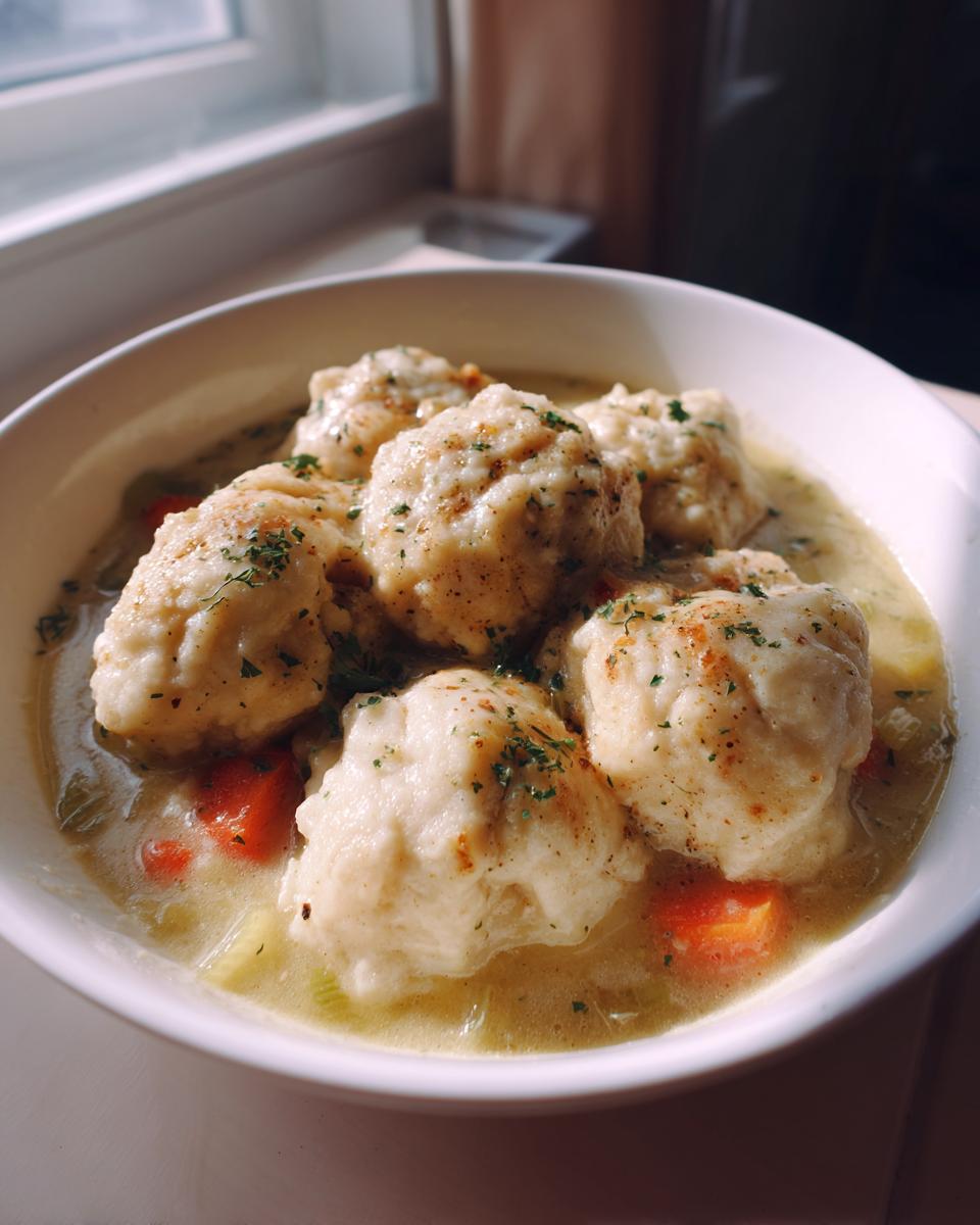 Close-up of a bowl filled with creamy chicken and dumpling soup, featuring large, fluffy dumplings and visible carrots.