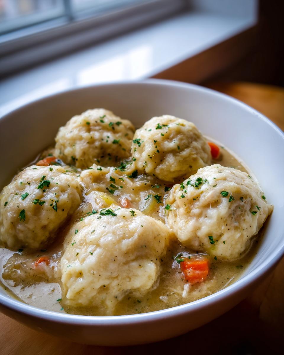 Close-up of a white bowl filled with creamy chicken and dumpling stew, topped with fresh parsley.