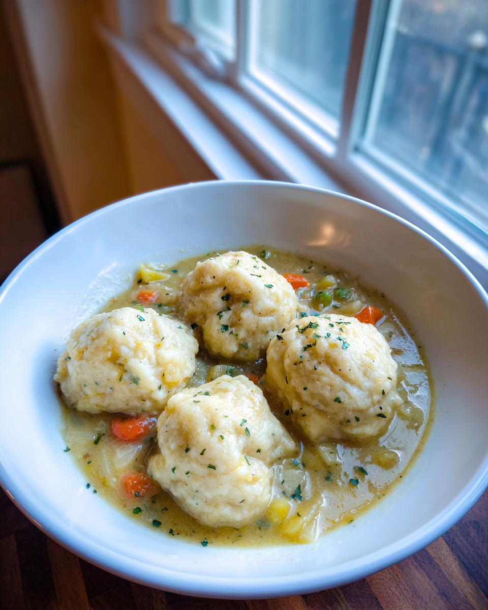 Four fluffy dumplings served in a savory broth with carrots and herbs, classic chicken and dumpling.