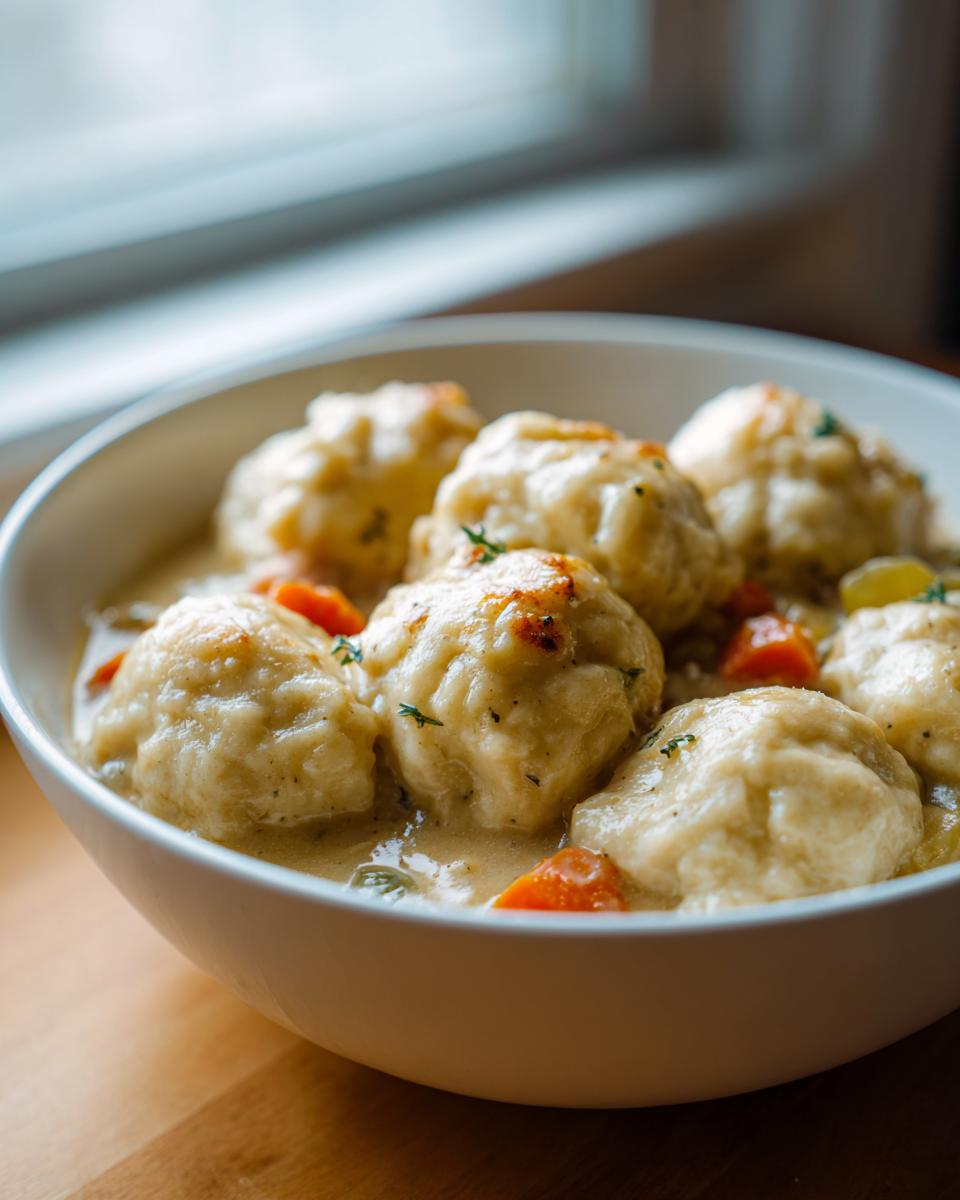 Close-up of fluffy dumplings in creamy sauce with carrots, part of a chicken and dumpling dish.