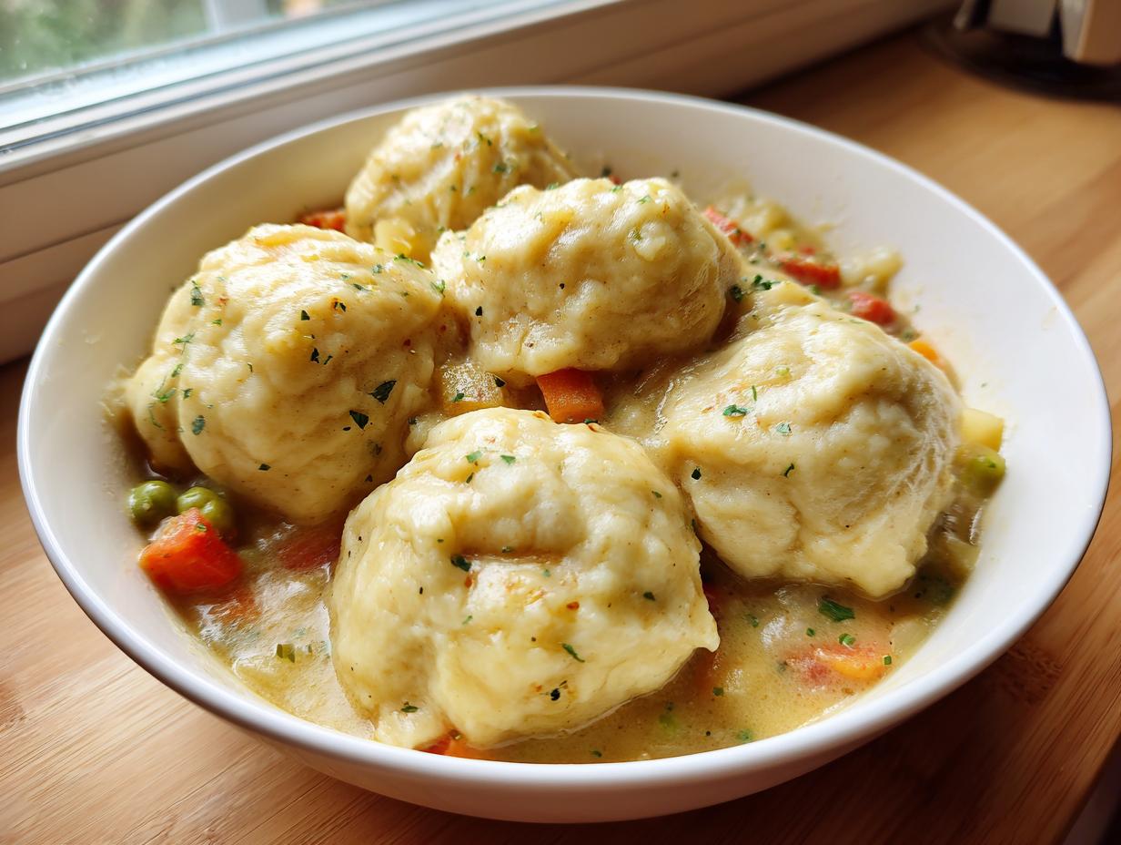 Close-up of a bowl filled with creamy chicken and dumpling stew, featuring four large, fluffy dumplings.