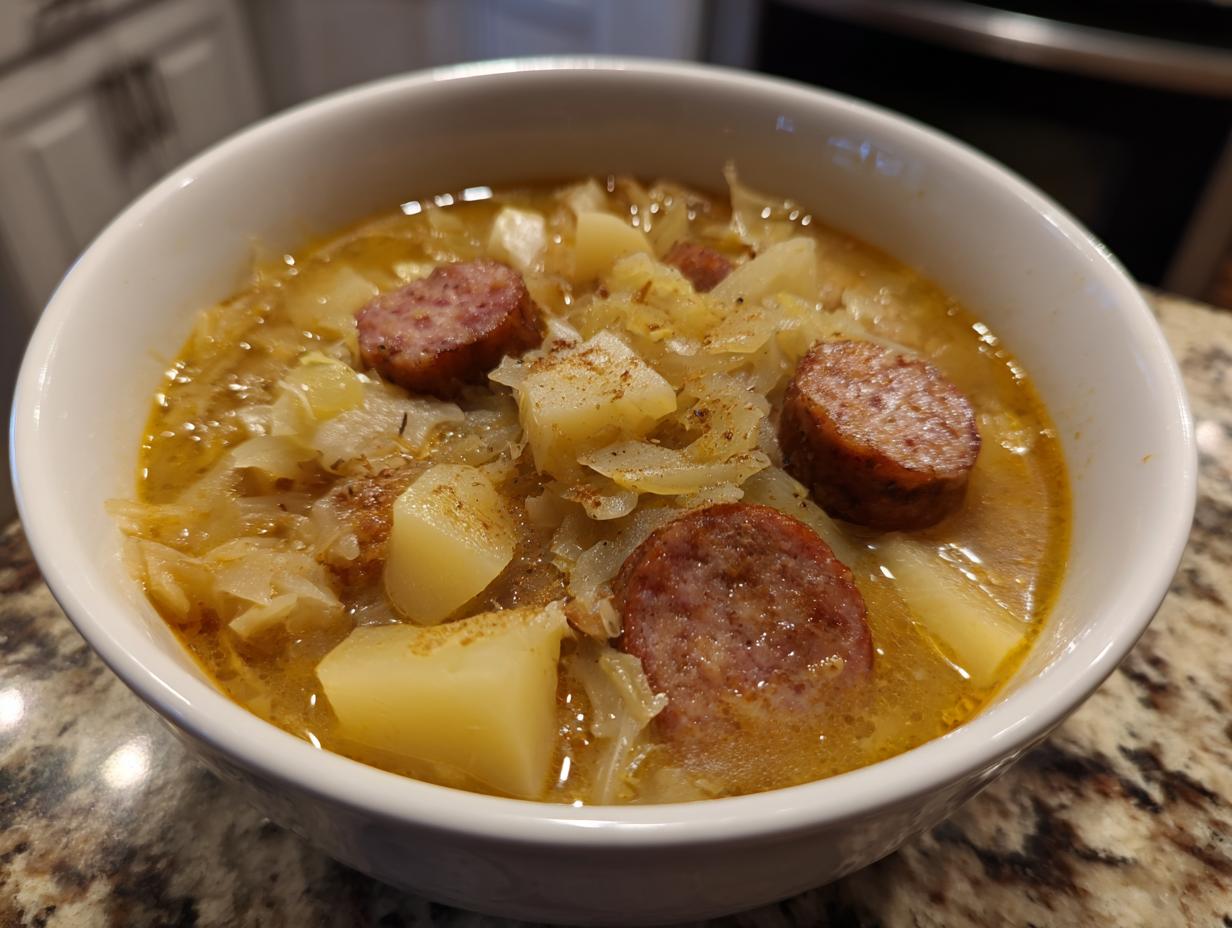 Close-up of a white bowl filled with rich sauerkraut soup featuring chunks of potato and slices of smoked sausage.