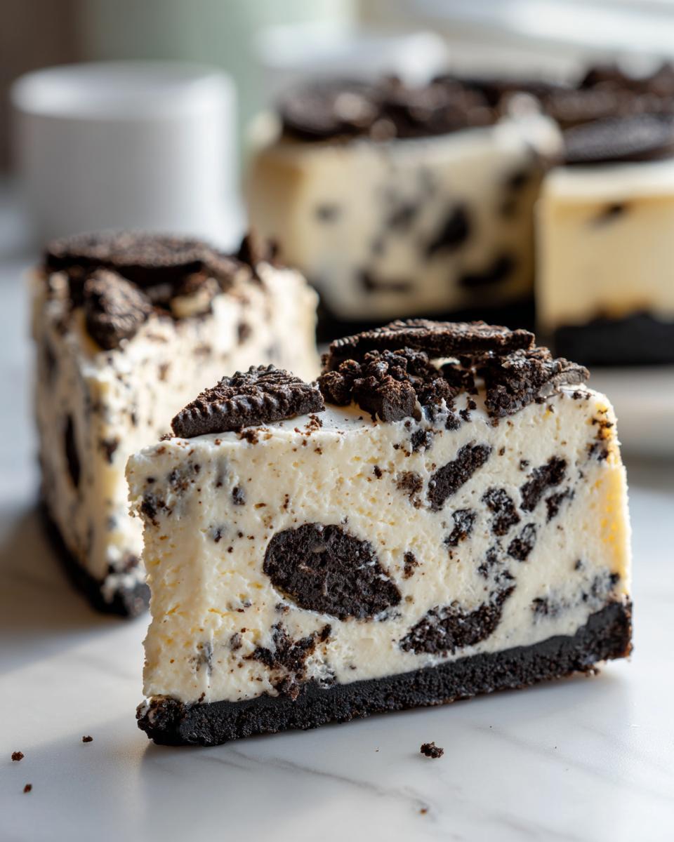 A close-up slice of rich, creamy Oreo cheesecake featuring large cookie chunks and topped with crushed Oreos.