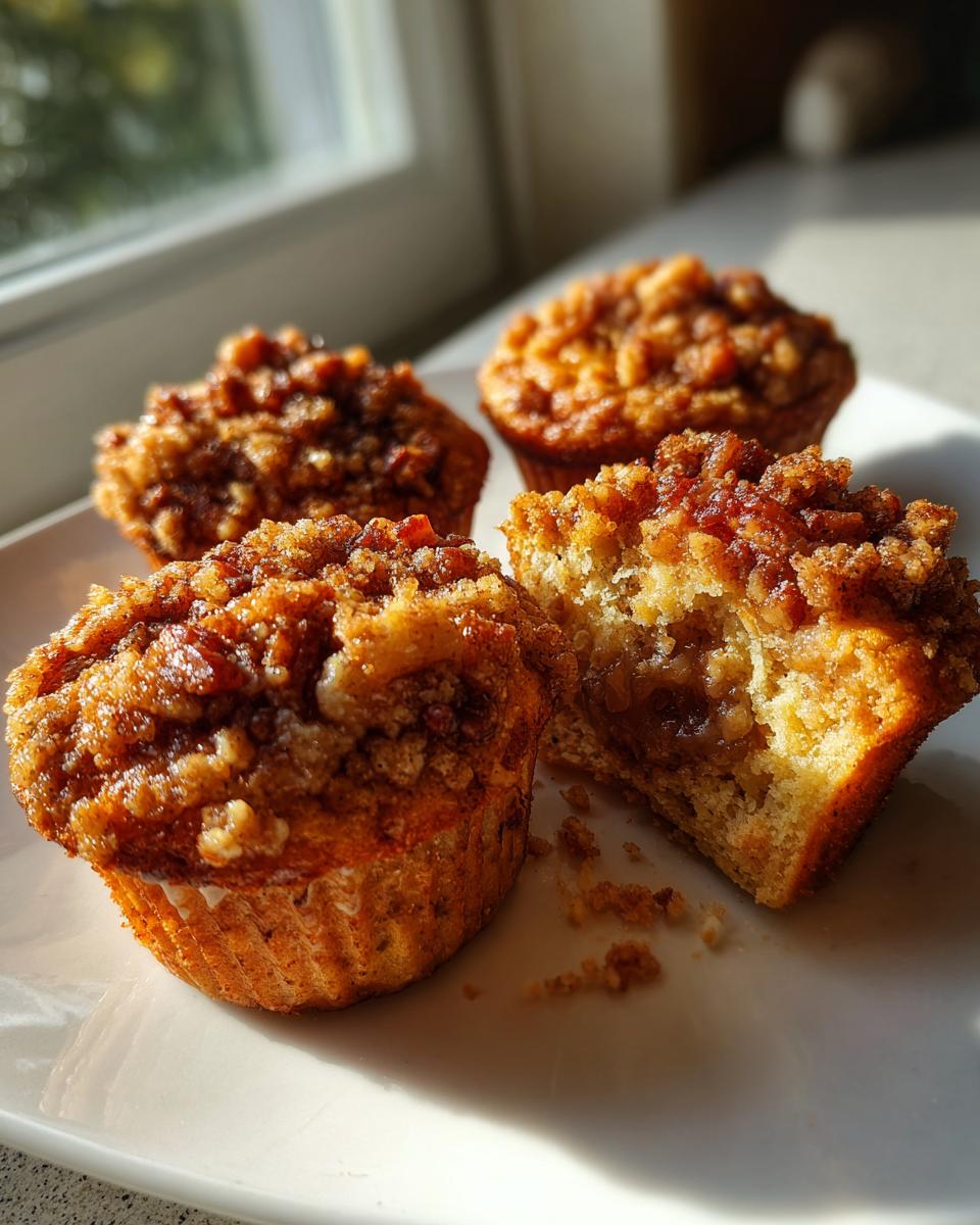 Four delicious pecan pie muffins on a white plate, one split open revealing a gooey center.