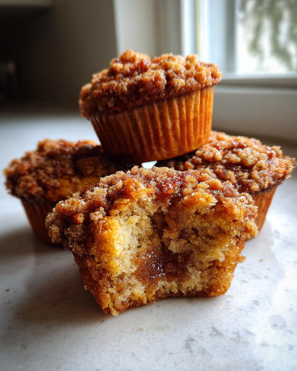Three pecan pie muffins stacked, with one bitten open revealing a gooey center and crunchy pecan streusel topping.
