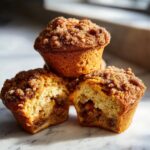 Close-up of three pecan pie muffins, one whole and two halved to show the gooey pecan filling.