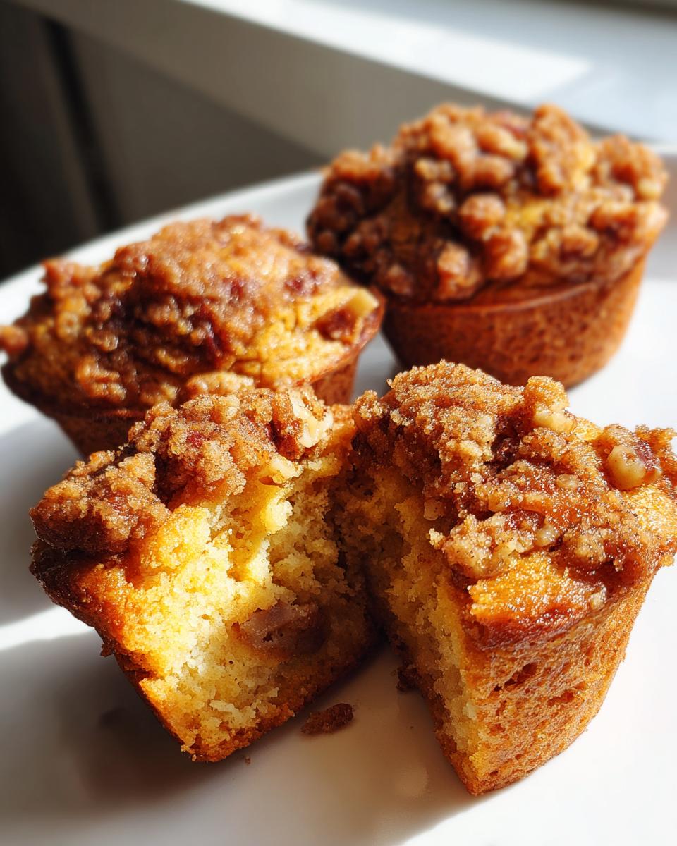 Three delicious pecan pie muffins, one cut in half showing the moist interior and crunchy pecan topping.