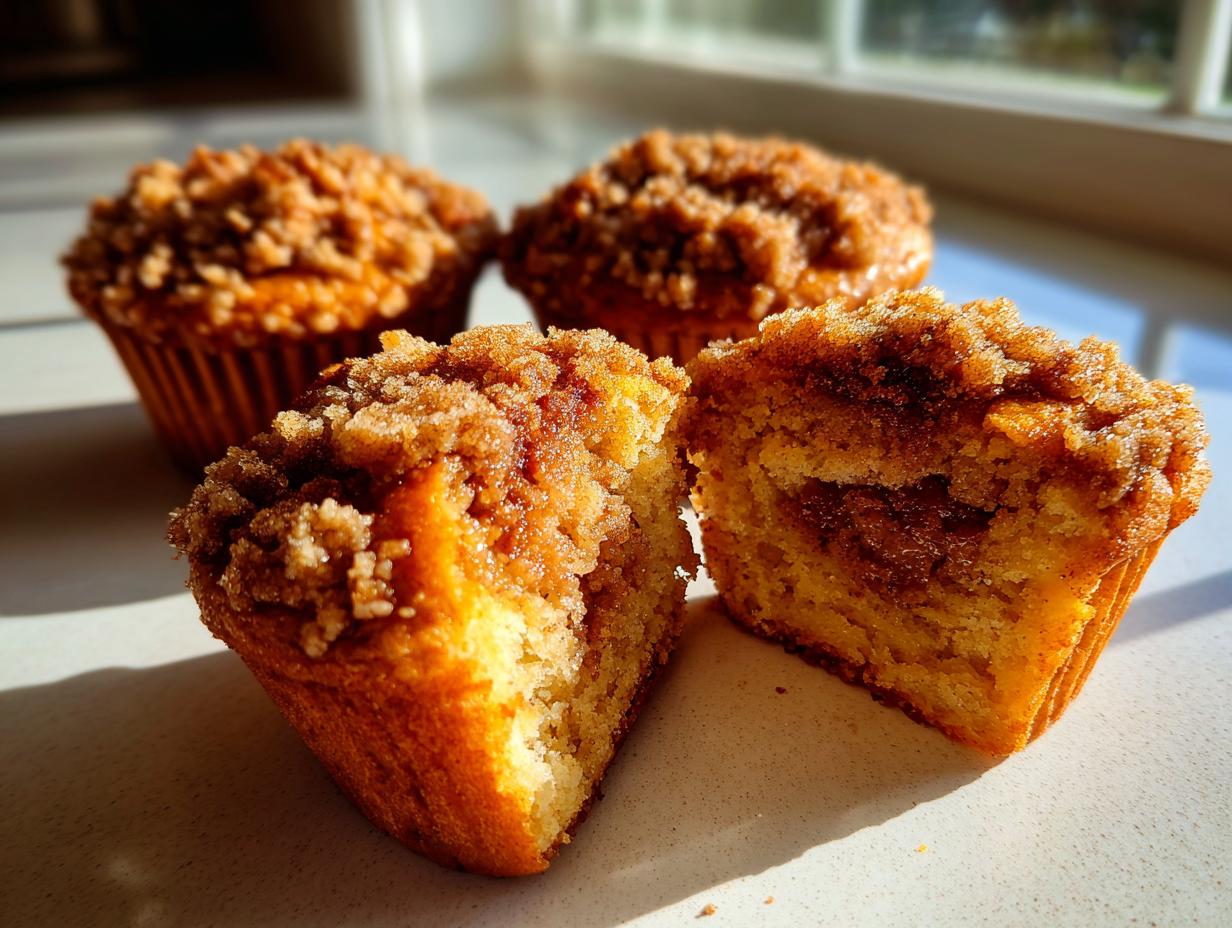 One of the pecan pie muffins is cut in half, revealing a gooey center and a thick cinnamon-sugar crumb topping.