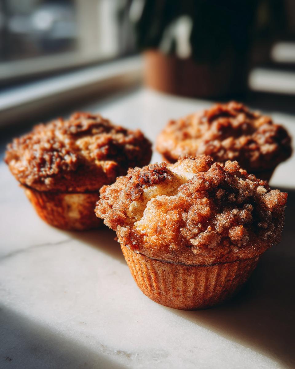 Three freshly baked pecan pie muffins with a crumbly, sugary topping sitting on a white marble surface.