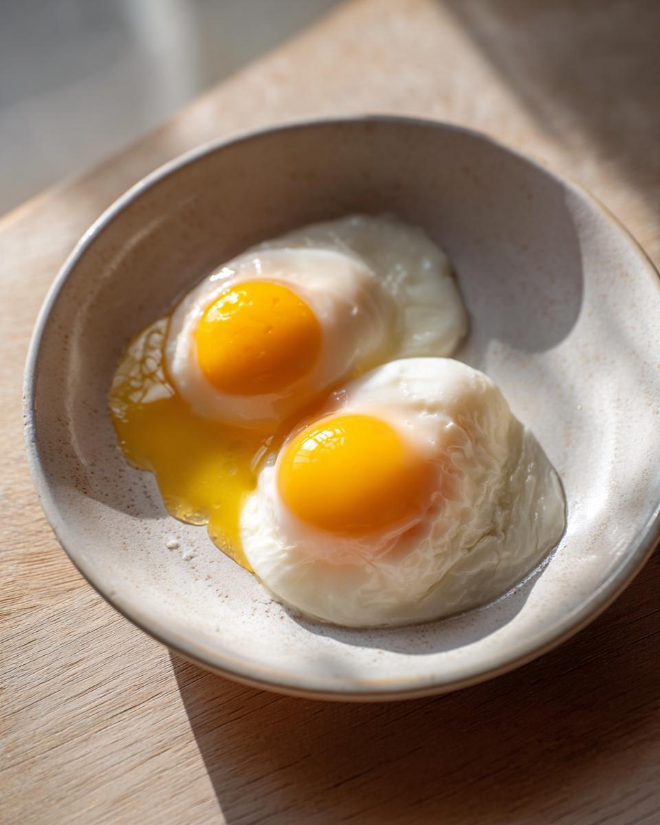 Two perfectly formed poached eggs with bright orange, runny yolks served in a speckled ceramic bowl.