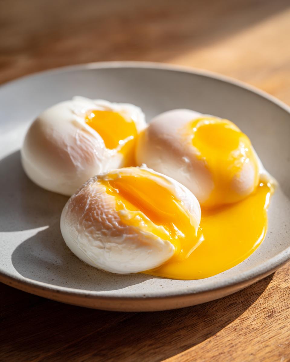 Three perfectly poached eggs on a light plate, with one cut open revealing a bright, runny yolk spilling onto the surface.