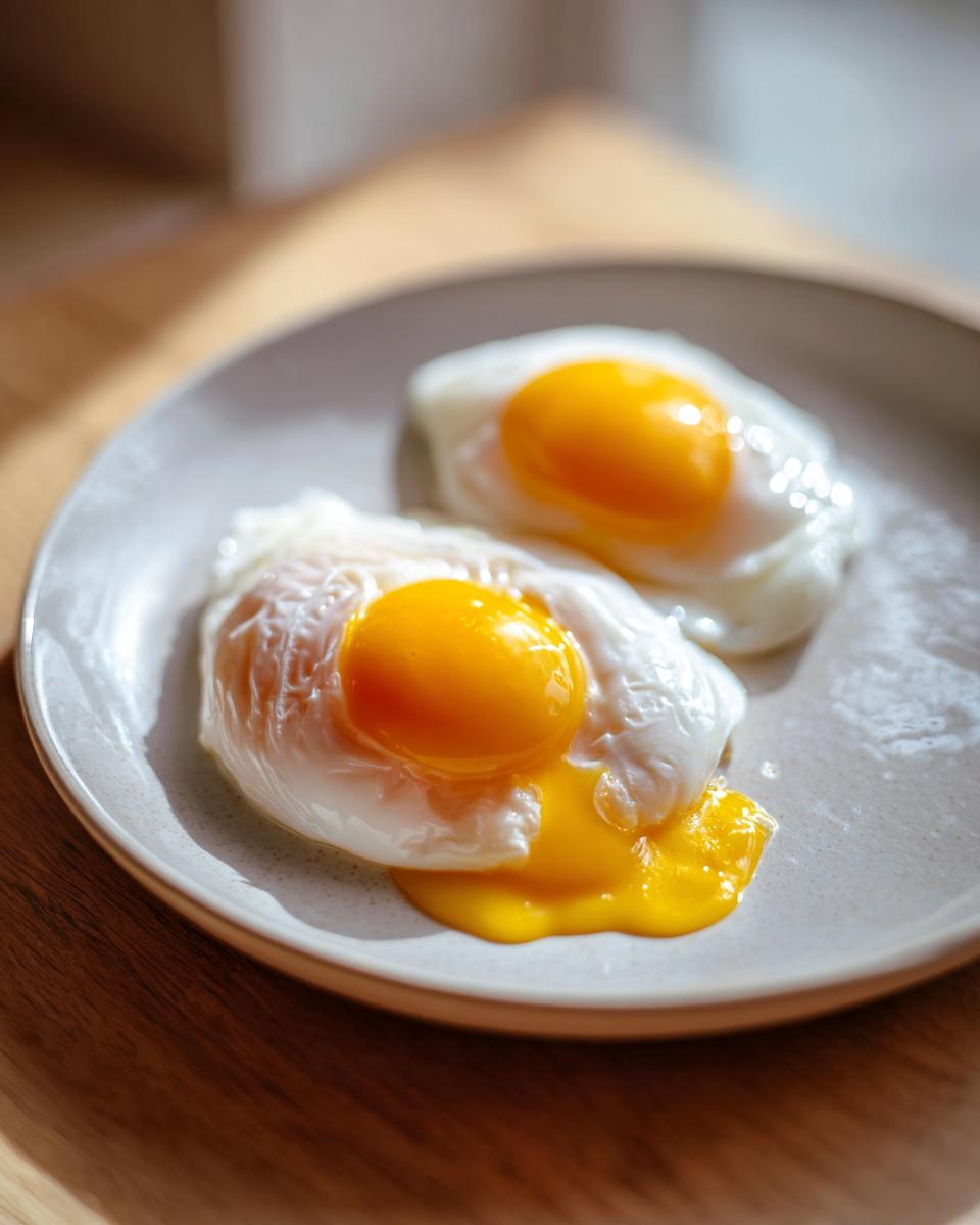 Two perfectly cooked poached eggs on a light plate, one yolk is broken and running onto the plate.