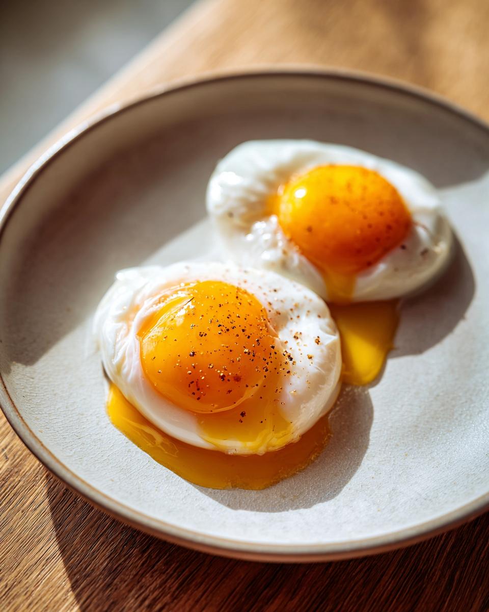 Two perfectly cooked poached eggs seasoned with pepper, resting on a light plate with runny yolks.
