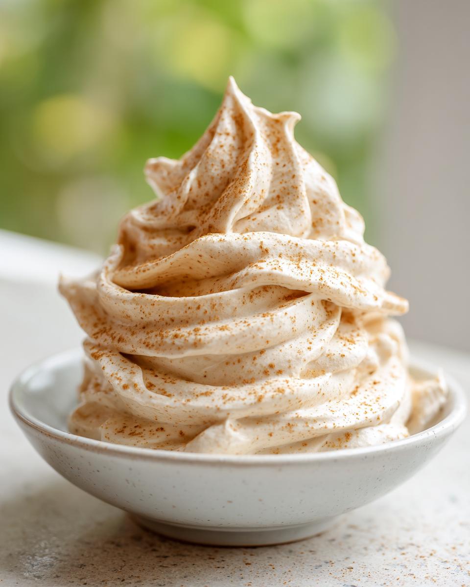 A swirl of light brown cinnamon butter, piped high and dusted with cinnamon, in a small white bowl.