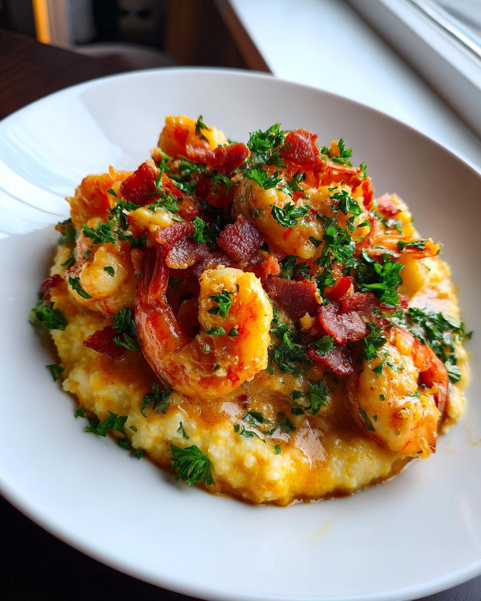 A close-up of creamy shrimp and grits topped with sautéed shrimp, crumbled bacon, and fresh parsley.
