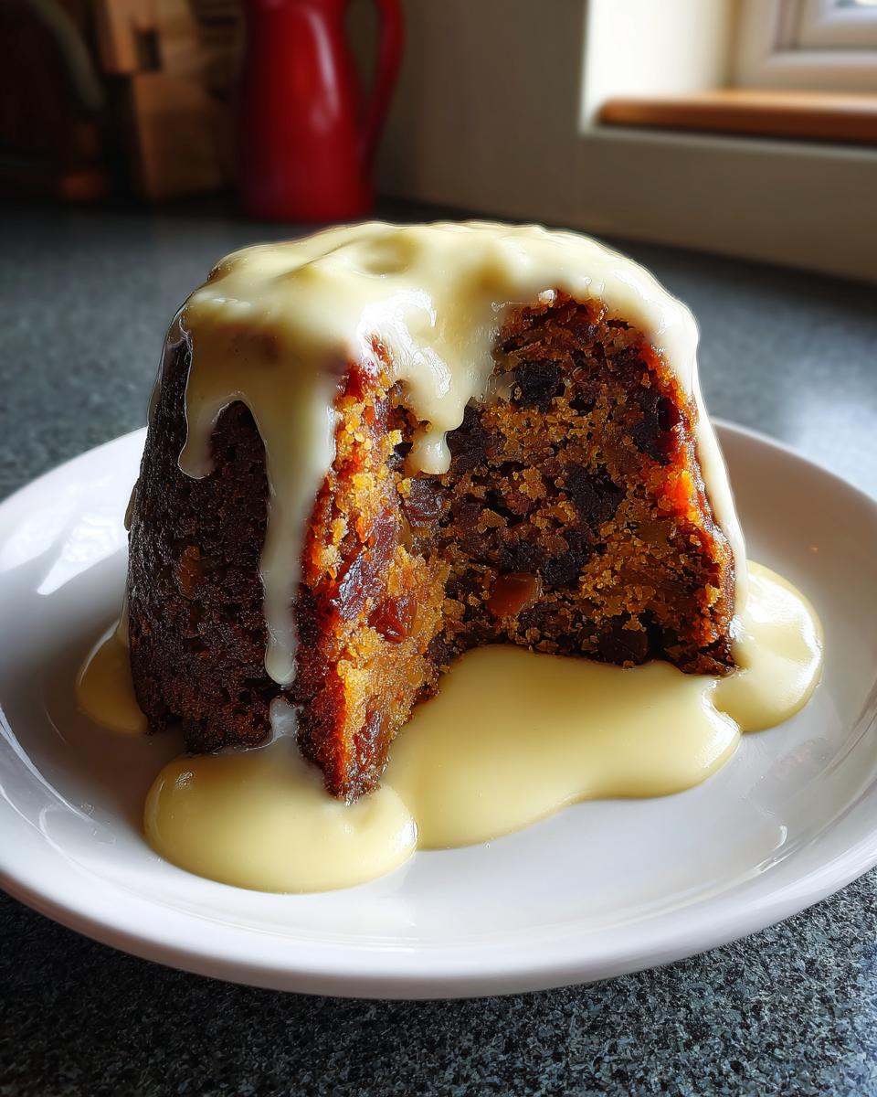 A rich, dark plum pudding slice cut open and generously covered with flowing vanilla custard sauce.