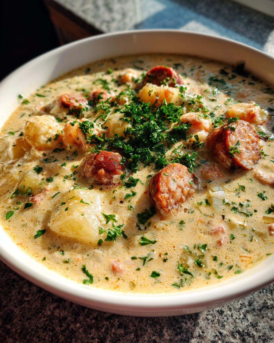 Close-up of creamy potato and sausage chowder topped with fresh parsley in a white bowl.