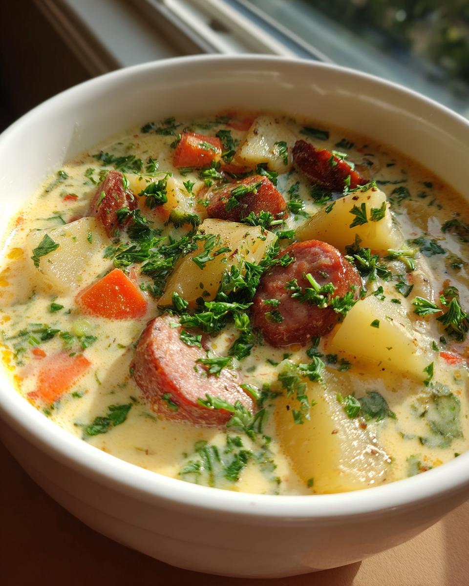 Close-up of a creamy potato and sausage chowder, garnished heavily with fresh parsley.