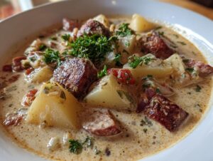 Close-up of a creamy potato and sausage chowder, featuring chunks of seared sausage and potatoes topped with fresh parsley.