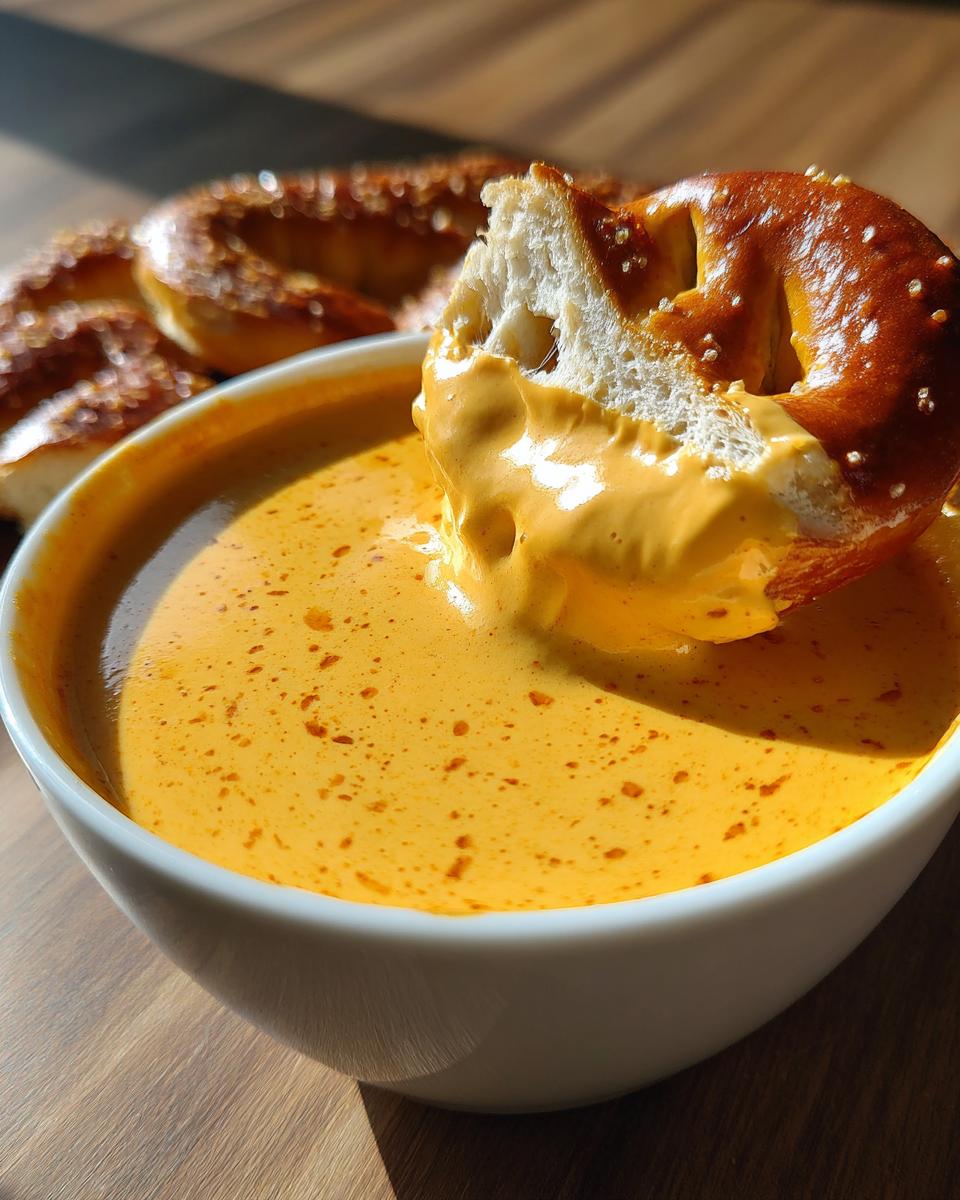 A piece of soft pretzel being dipped into a bowl of smooth, bright orange beer cheese dip.