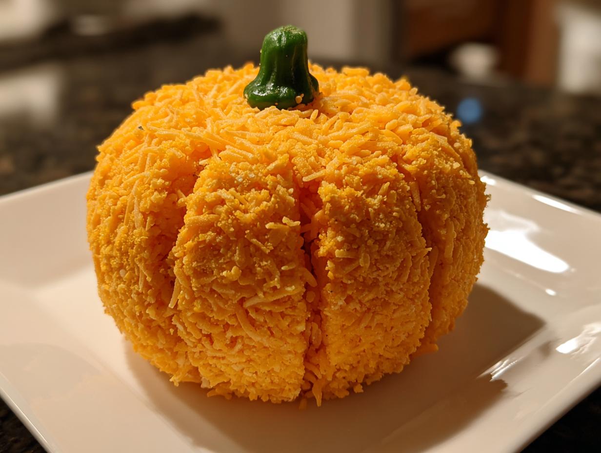 A finished pumpkin cheese ball coated in shredded orange cheese, shaped like a small pumpkin with a green stem.