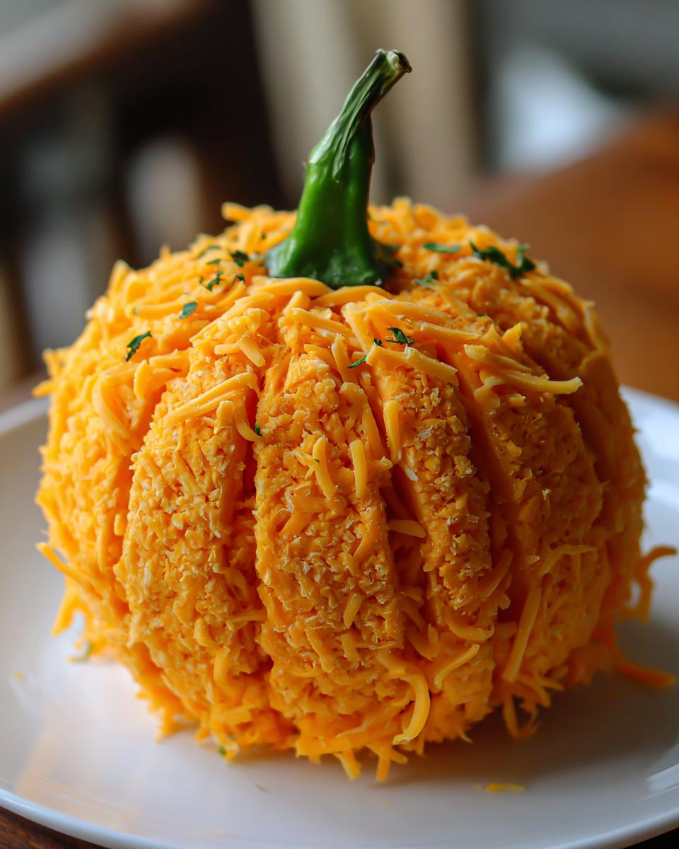 A festive pumpkin cheese ball coated in shredded cheddar cheese with a green pepper stem.