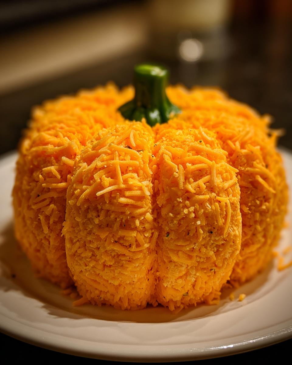 A festive pumpkin cheese ball covered entirely in shredded orange cheddar cheese with a green stem.