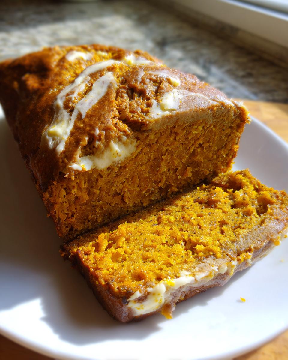 A loaf of vibrant orange pumpkin cream cheese bread, partially sliced, showing the moist interior and cream cheese swirls.