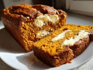 A close-up of a freshly baked pumpkin cream cheese bread loaf, with one slice cut and revealing the creamy white swirl filling.