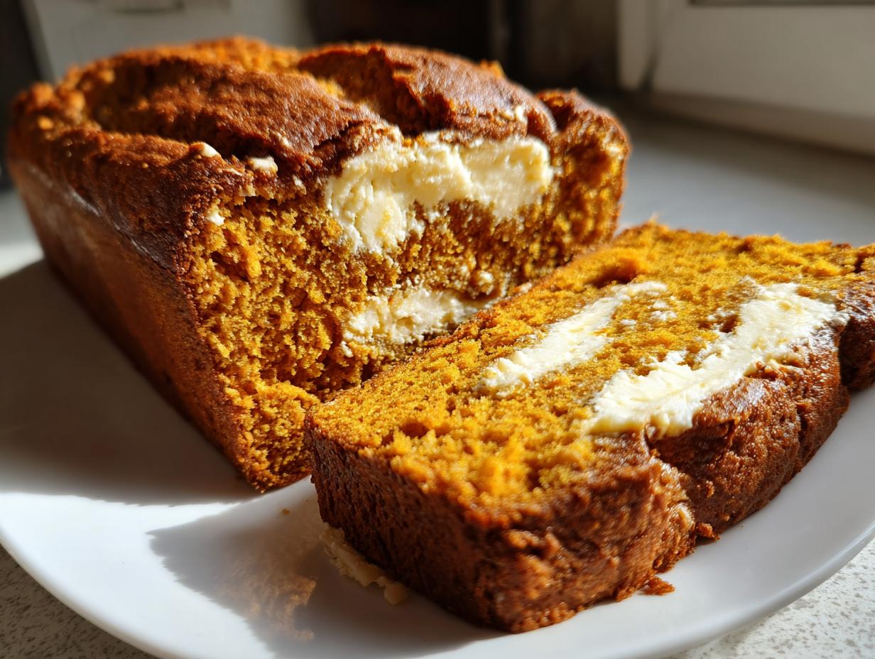 A close-up of a freshly baked pumpkin cream cheese bread loaf, with one slice cut and revealing the creamy white swirl filling.